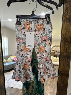 Girls Floral Ruffle Hem Pants - Peach Multi